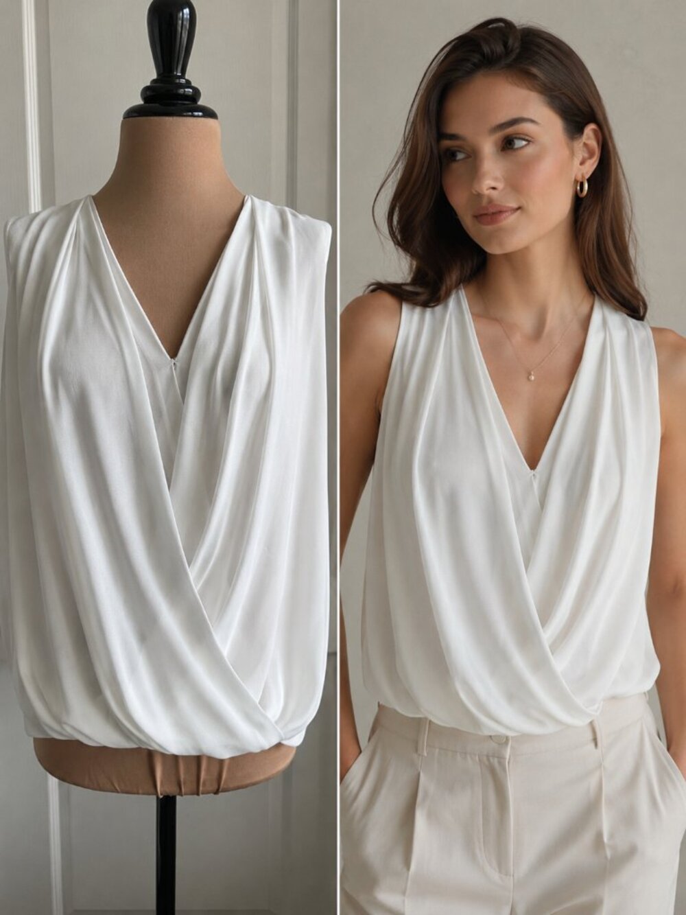 FOREVER 21 White Draped Sleeveless Light weight Top Blouse Sz. L
